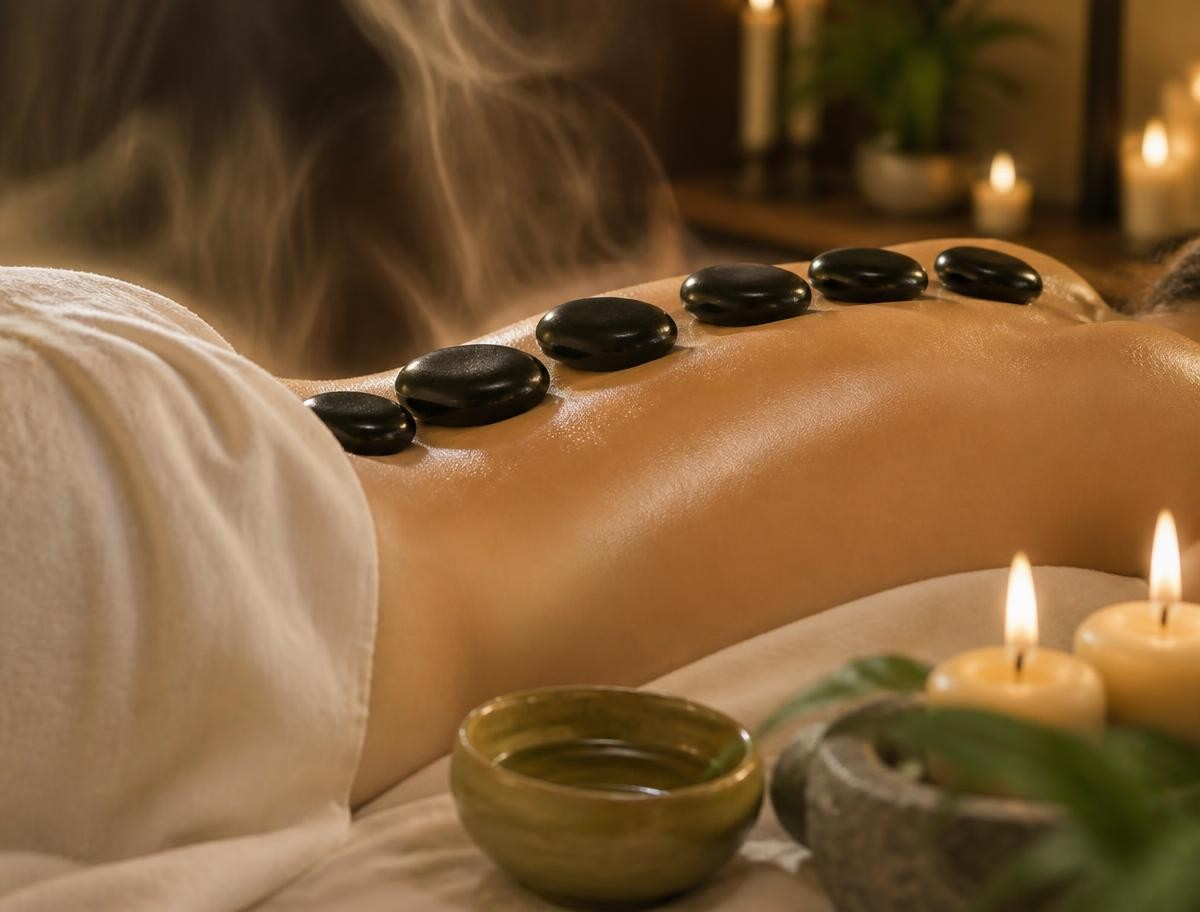 Black hot stones arranged along a client's back during a relaxing spa massage
